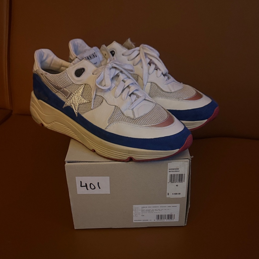 Golden Goose White and Silver Sneakers with Blue Accents